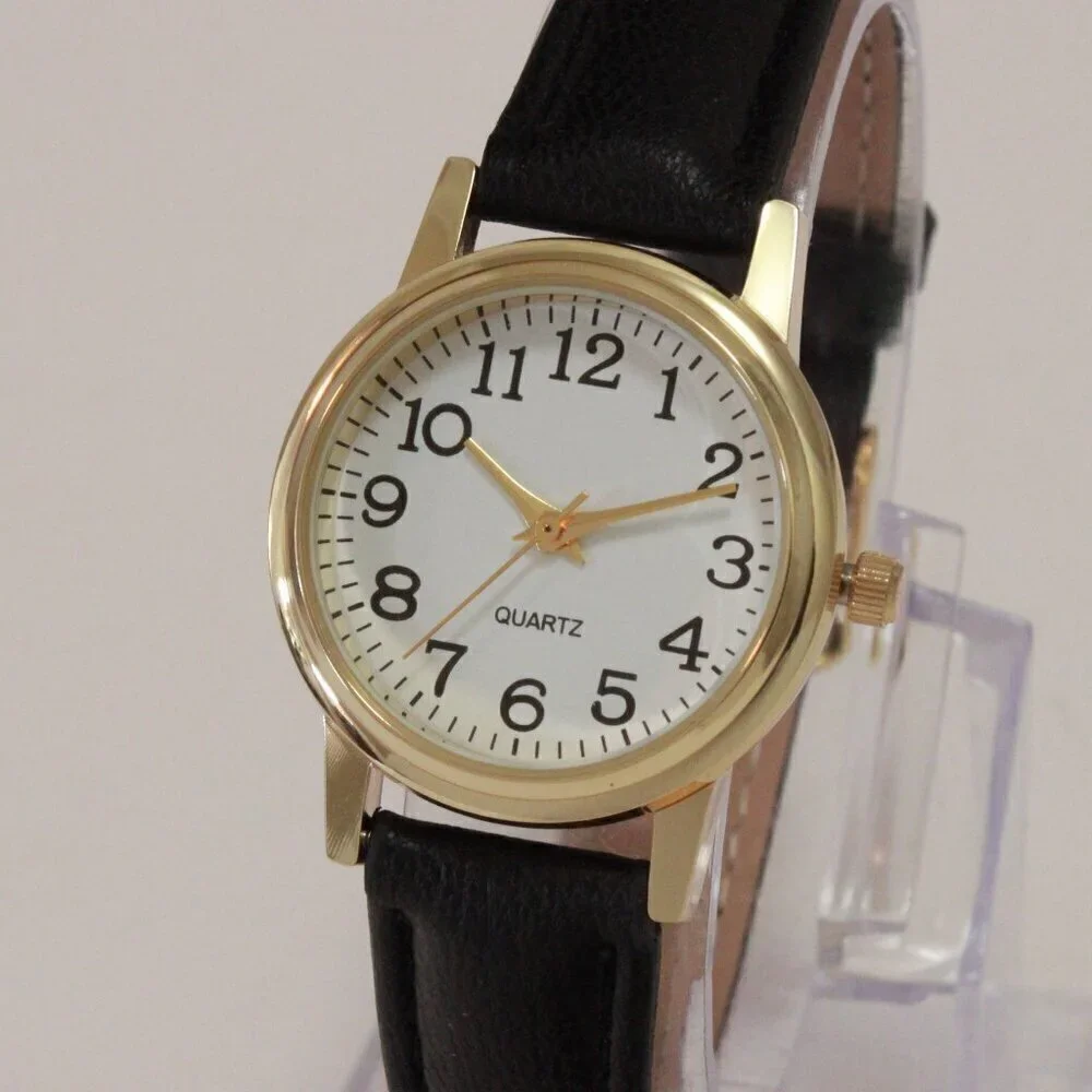 Ladies Easy Reader Dress Quartz Watch Gold-toned Black Strap White Dial 28mm
